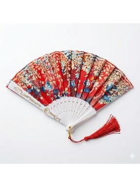 Vintage Floral Lace Hand Fan Gold Sparkle Elegant Spanish Folding Fan Red Tassel